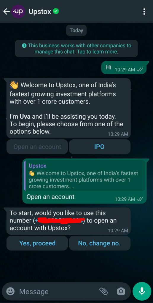 Upstox WhatsApp chatbot