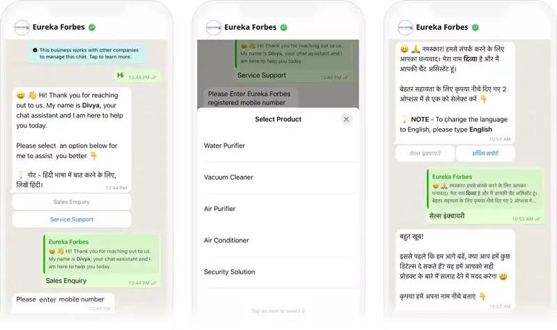 Eureka Forbes WhatsApp chatbot