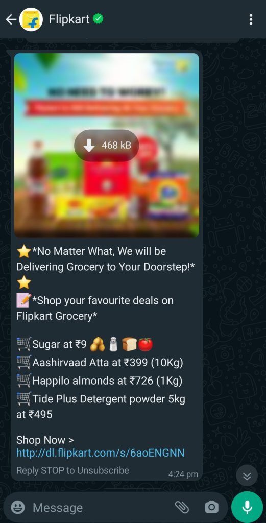 Flipkart's grocery delivery campaign using WhatsApp business