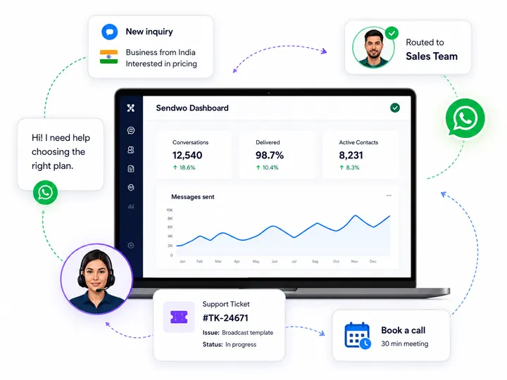 Sendwo contact routing dashboard showing sales, support, WhatsApp, ticket, and discovery call workflow