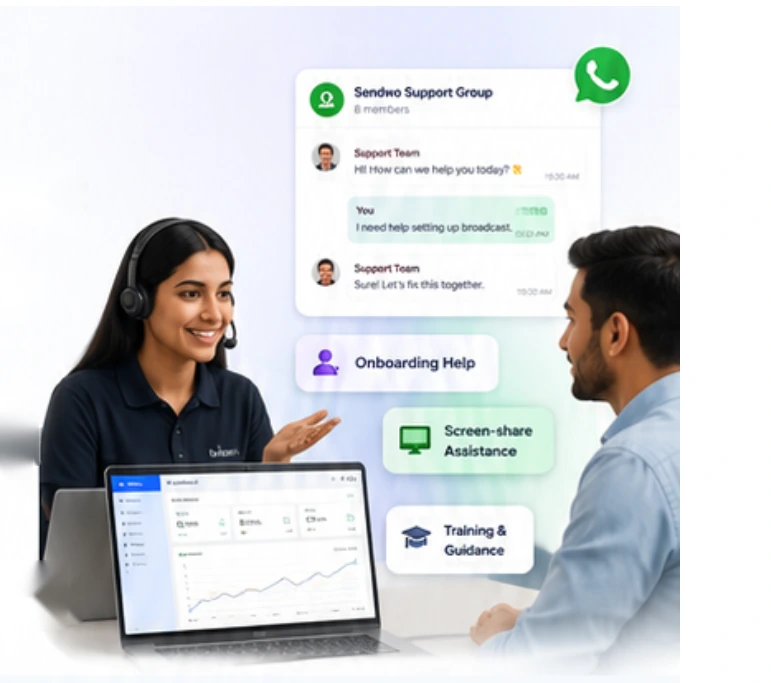 Sendwo dedicated support team helping a customer with WhatsApp group support, onboarding, training and screen-share assistance