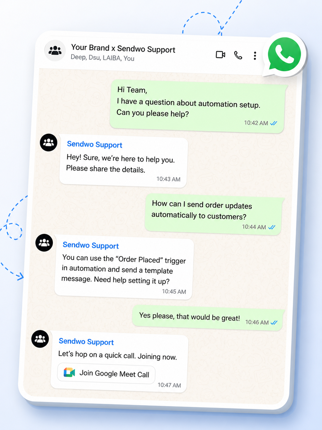 Sendwo WhatsApp support group screenshot