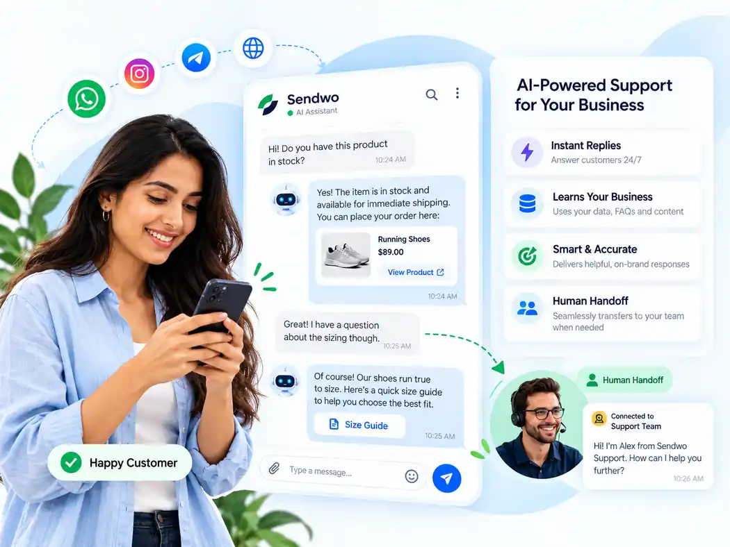 Illustrative WhatsApp AI agent answering product questions and passing complex enquiries to a human support agent