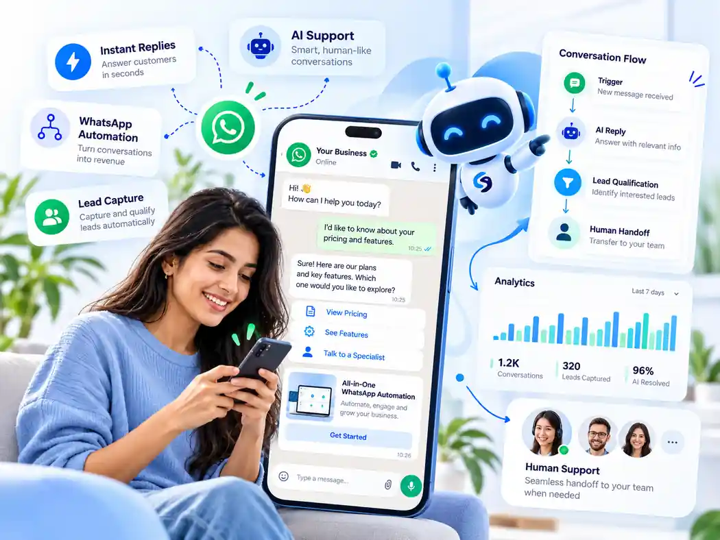 Illustration of customer conversations handled through WhatsApp automation, AI assistance and live-agent handoff