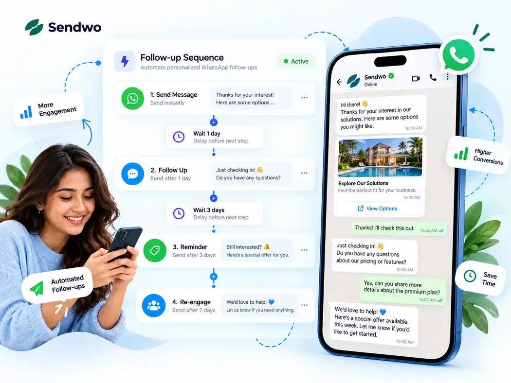 Illustrative sequence of WhatsApp customer follow-up messages with timed steps and a mobile conversation preview